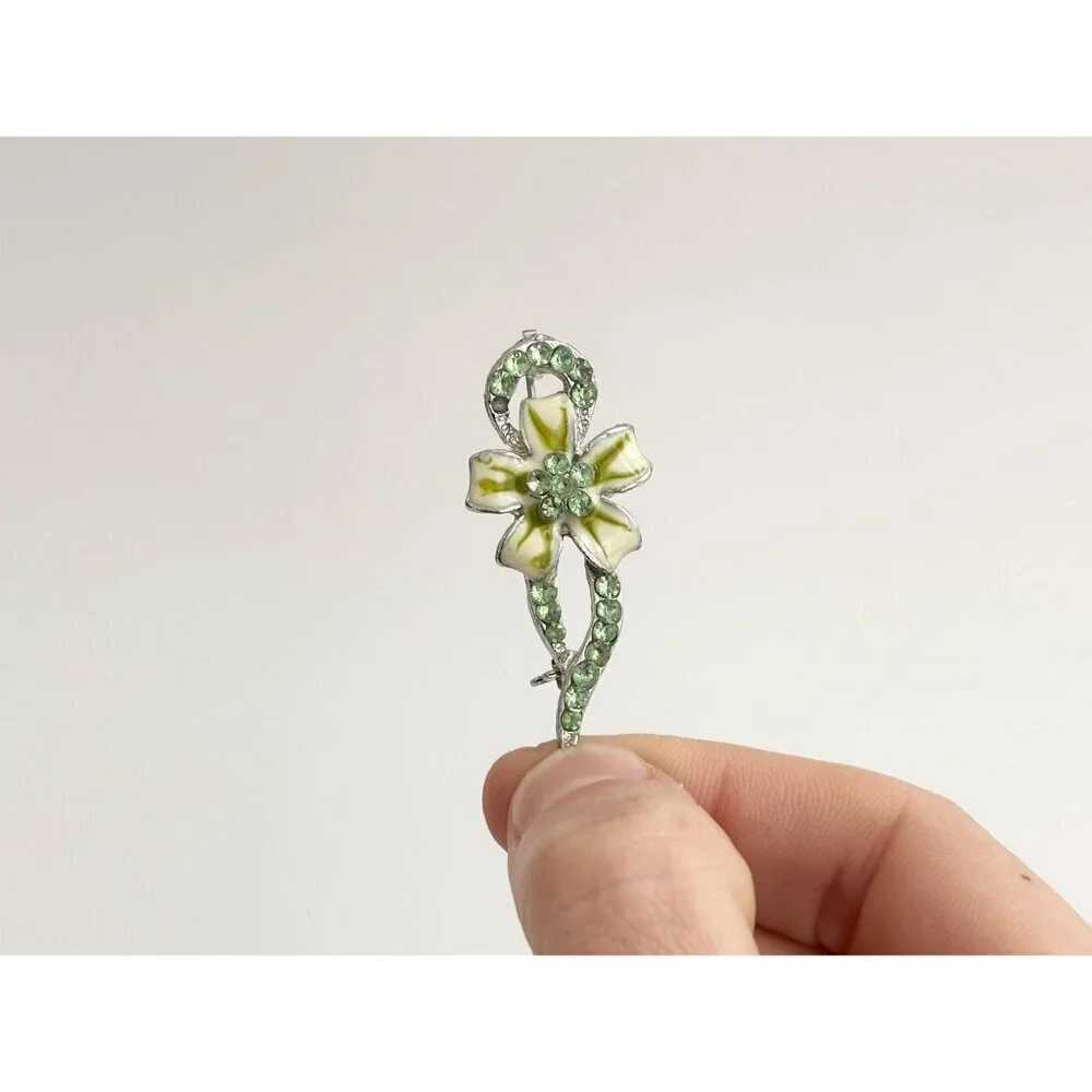 Green Floral Swirly Art Nouveau Silver Toned Vintage Costume Jewelry Brooch
